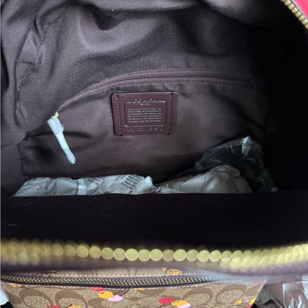Coach NWT Med Charlie Backpack, brown logo background, CHERRIES Retail $375 - Picture 4 of 5